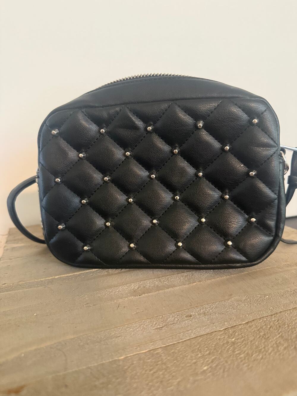 Rebecca Minkoff Black Quilted Studded Crossbody Bag Silver Chain